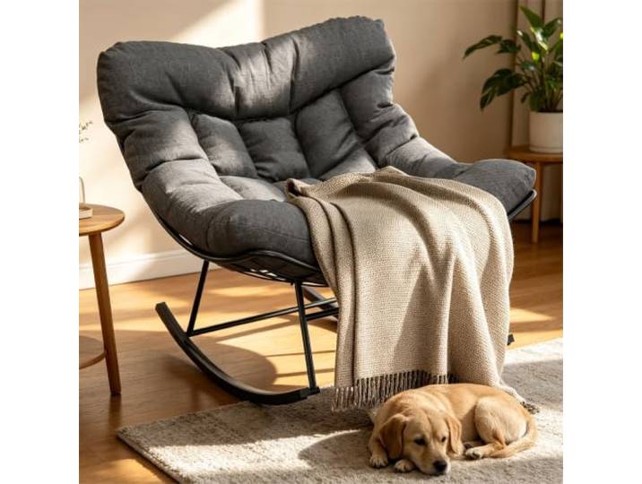 Koioplie Papasan Schaukelsessel, 175 kg, Schwarz Grau, Garten Stabiler Metallrahmen, dickes Kissen, wetterfest, ideal für Balkon und Terrasse, hohe Tragkraft