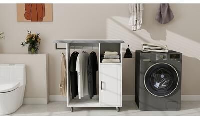 Ironing Cart with Rolling Board, Multipurpose Cabinet on Wheels for Laundry Room, Cloakroom