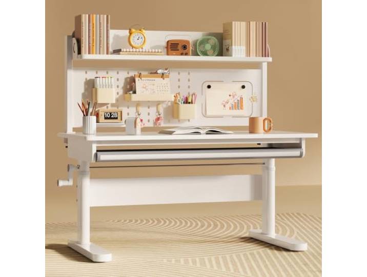 Kinderschreibtisch Höhenverstellbar Schreibtisch Kinder aus Holz Kohlenstoffstahl mit Neigbarer Tischplatte, Regalen & Schublade Ergonomischer Jugendschreibtisch Schülerschreibtisch A,80*60CM