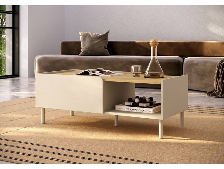 Couchtisch GOODPRODUCT Dobbiaco 112x54 cm Korpus-Couchtisch, 2 Klappen, offenes Fach , beige (talco, eiche lindberg dekor), B:112cm H:42cm T:54cm, Tische, Couchtisch, Rechteckiger Wohnzimmertisch mit flexiblem Stauraum & Metallfüssen