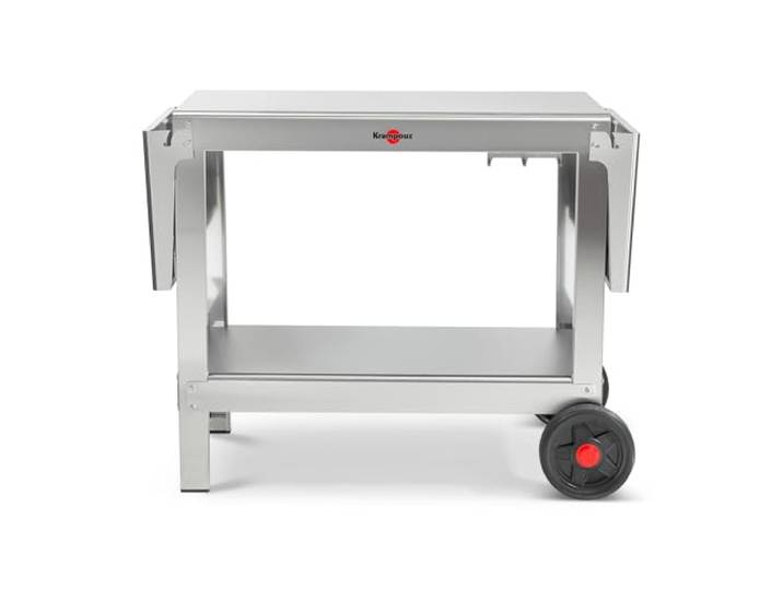 KRAMPOUZ Outdoor-Wagen Plein AIR für Planchas oder Grillgeräte - Servierwagen aus Edelstahl - 2 große Ebenen - 2 große Räder - 2 herunterklappbare Seitenteile mit Haken von Utensilien