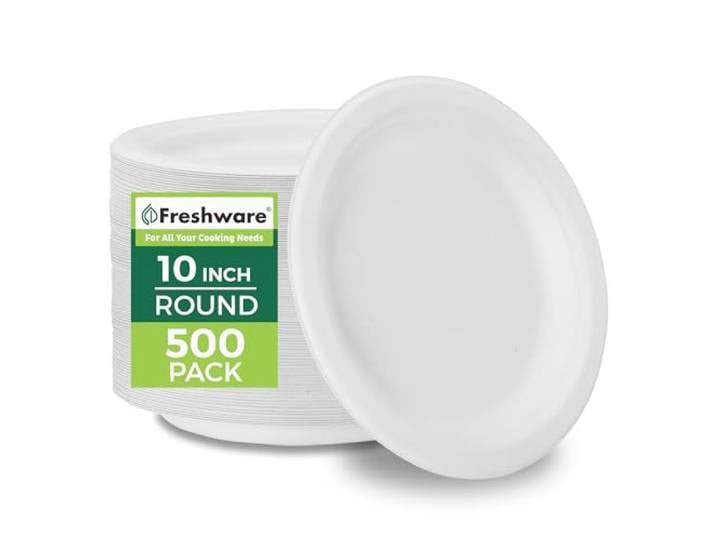 Freshware Pappteller, Einwegteller, 25,4 cm, biologisch abbaubar, Zuckerrohrfaser, strapazierfähiges Geschirr für heiße Speisen, mikrowellen- und gefriergeeignet, stapelbares Geschirr, 500 Stück