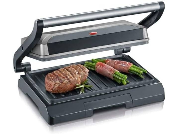 SEVERIN Kontaktgrill für Sandwiches, Steak und als Panini Grill, antihaftbeschichteter Sandwich Maker für fettfreies Grillen, 800 W, metallic grau/schwarz, KG 2394