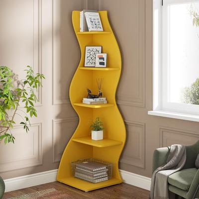 BLUEBELL 5-Tier Curved Wavy Corner Bookshelf, Freestanding Plant Stand Bookcase for Living Room