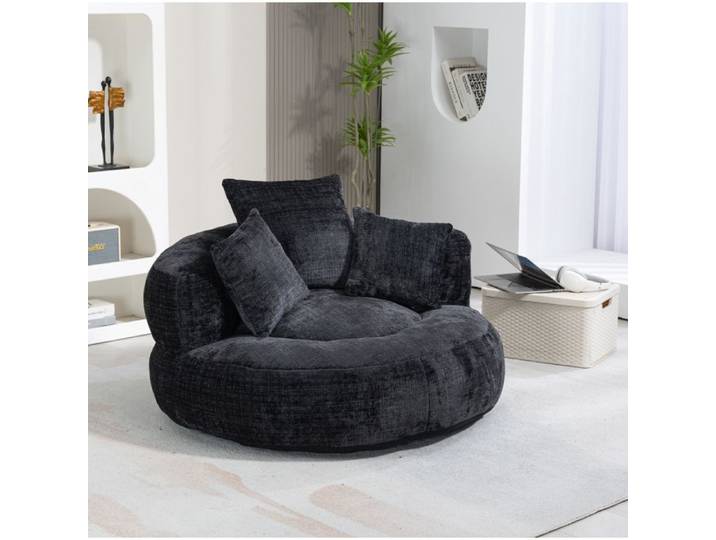 COVREO fauteuil lounge en chenille noir avec dossier haut accoudoirs et 3 coussins