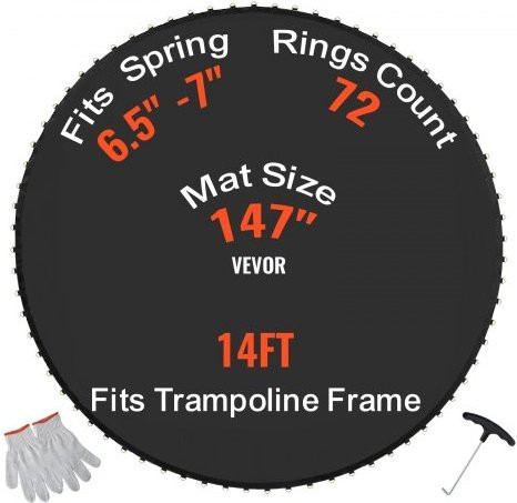 VEVOR Universele Vervangende Trampolinemat voor Ronde Trampoline, 426 cm, Zwart, inclusief Veergereedschap en V-ringen