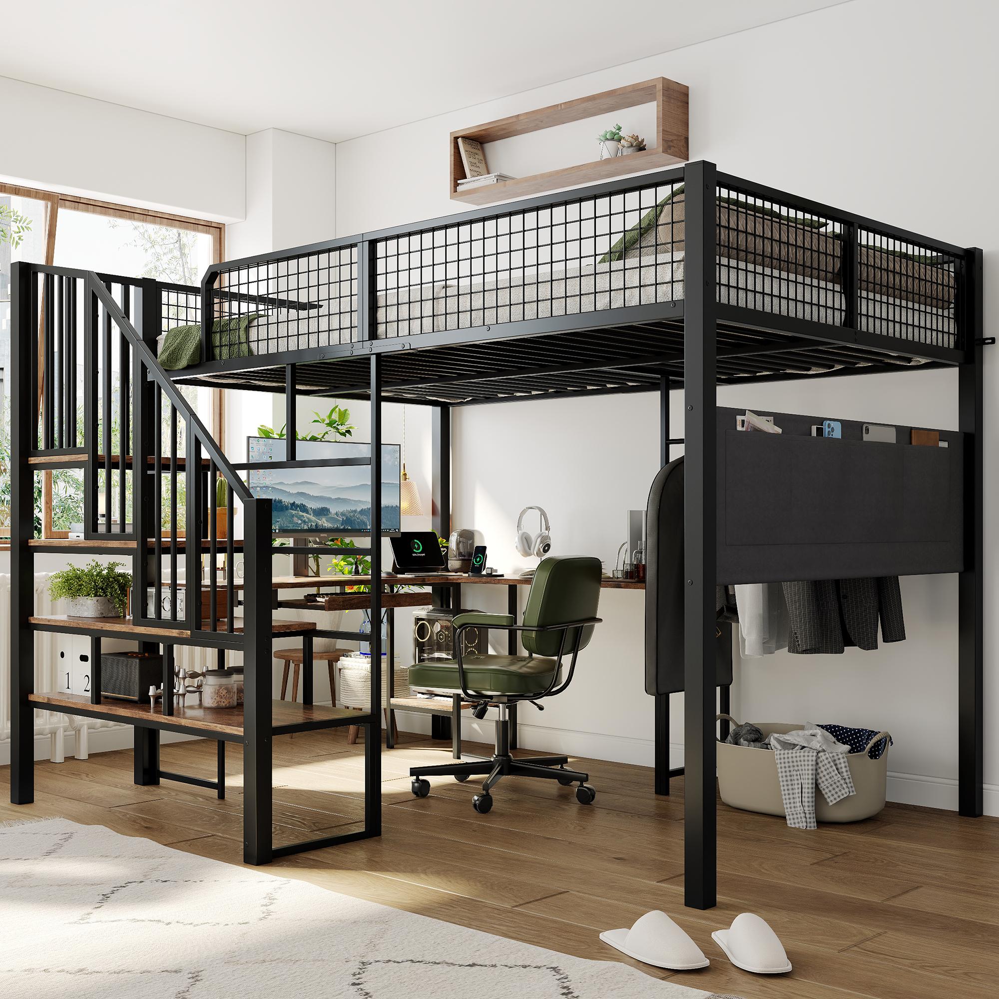 Merax Metallbett Hochbett 140x200cm mit L-förmigem Eckschreibtisch, Etagenbett Kinderbett mit Treppe und Tastaturauszug, Ladeanschluss, Tasche,Schwarz