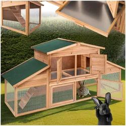 tectake® Kleintierstall, aus Holz, 4 Türen, Ruhezone und Freilaufbereich, inklusive ausziehbarer Schublade, 226 x 77 x 95,5 cm