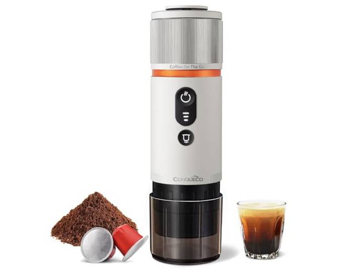 CONQUECO Tragbare Espressomaschine Elektrische Kaffeemaschine: 12V Auto Reise-Expressomaschine – selbstheizend 8 Tassen Batteriebetrieben, kompatibel mit Nespresso-Kapseln – für Camping - (Perlweiß)