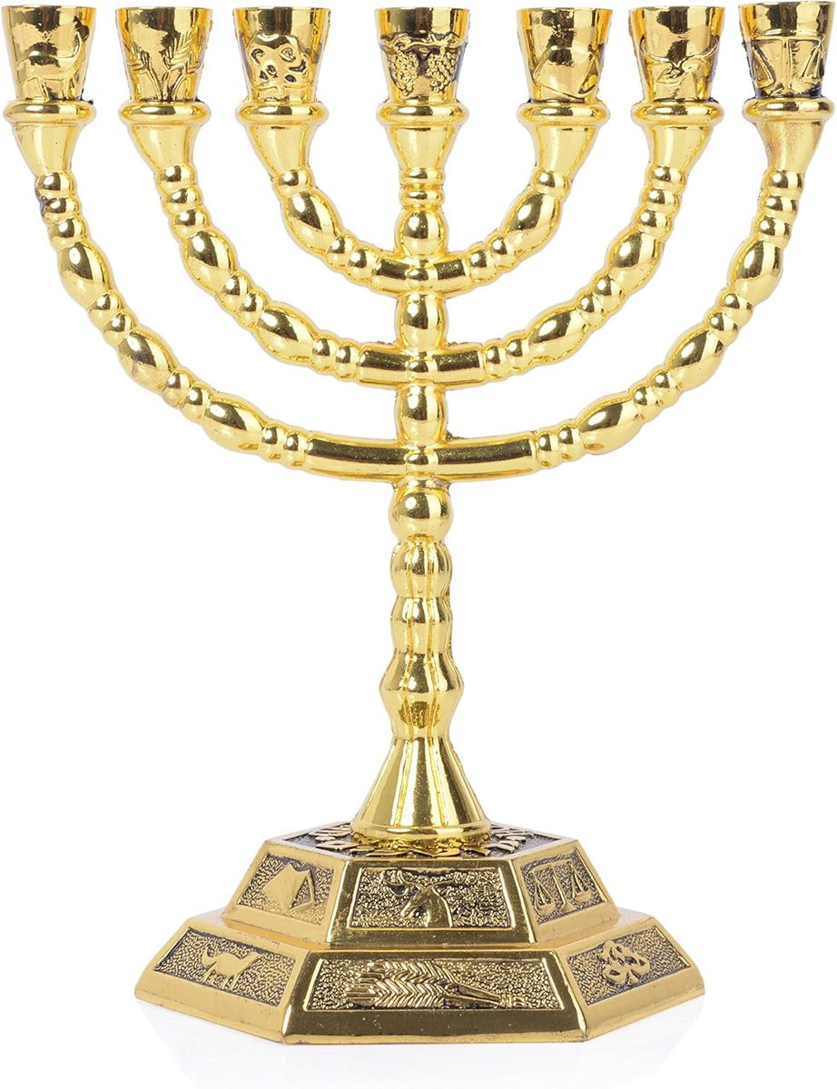 SnelShoppen Menorah 7 Tak Goud Joodse Kandelaar met 12 Stammen van Israël Hoogte: 20,3 cm