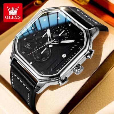 Inspire Select OLEVS 9950 Luxury Square Chronograph Men's Quartz Watch With Luminous Leather Strap silver