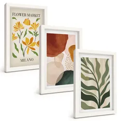 BILDER SET 3er Set - 20x30 cm Weißer Rahmen - Florale abstrakte Formen