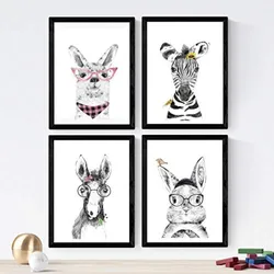 POSTER Set mit 4 Kinder Tiere mit Gläsern A4 Schwarzer Rahmen