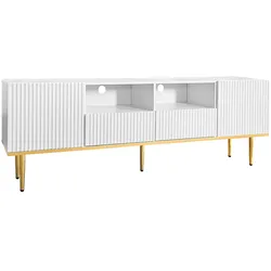 Moderner TV-Schrank 165x36x55 in Weiß mit goldenen Füßen und Akzenten, zwei Fächern und Schubladen für eleganten Stauraum