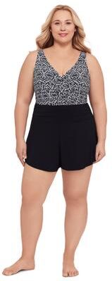 Plus Size Women's Rebecca Plus Swimsuit Romper with Pockets by Trimshaper in Balinese Block (Size 16 W)