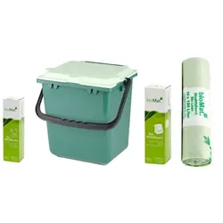 Bio Abfalleimer Natura Biomat AirBox geschlossen grün im SET mit verschiedenen Bio Müllbeuteln in praktischer Verpackung