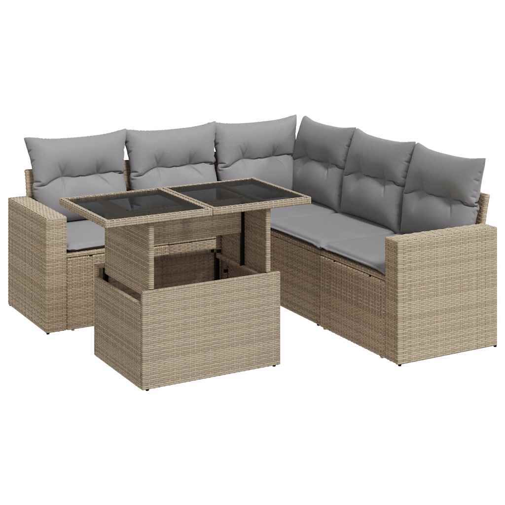 6-tlg. Gartenmöbel-Set, Lounge-Sofa mit Stauraum, verstellbarem Tisch, PE-Rattan, pulverbeschichteter Stahl, Beige, Hellgraue Kissen, UV-beständig