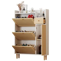 Schuhschrank Rattan Natur Weiß 17x90x125 mit 3 Kipp-Türen & 1 Schublade, Stauraum für Schuhe, MDF & Massivholz