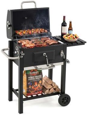 Costway Portable Outdoor Barbecue Grill with Adjustable Charcoal Tray and Wheels-Black