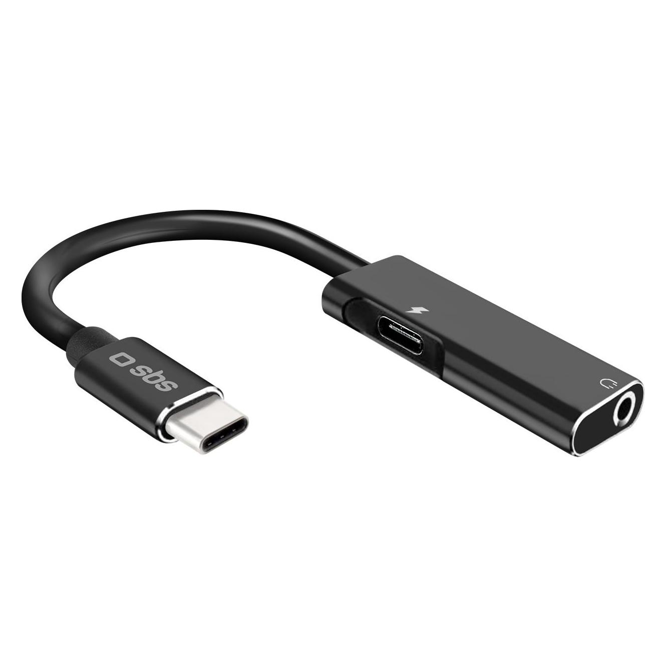 SBS USB-C-Stecker auf Klinkenbuchse 3,5 mm mit USB-C-Ladeanschluss (Winkeladapter) (TEJACKTYCCHARGK)