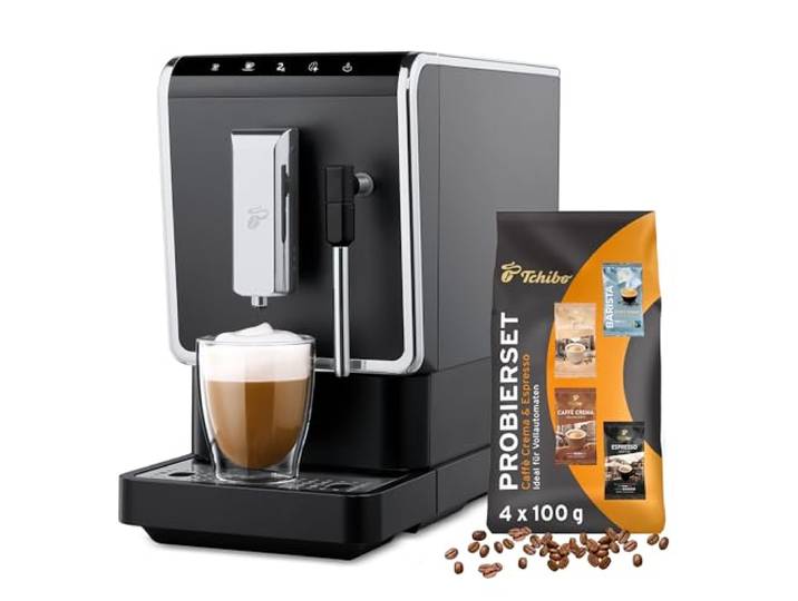 Tchibo Kaffeevollautomat Esperto Latte mit Milchaufschäumfunktion für Caffè Crema, Espresso und Milchspezialitäten, Anthrazit - INKLUSIVE Kaffeeprobierset GRATIS