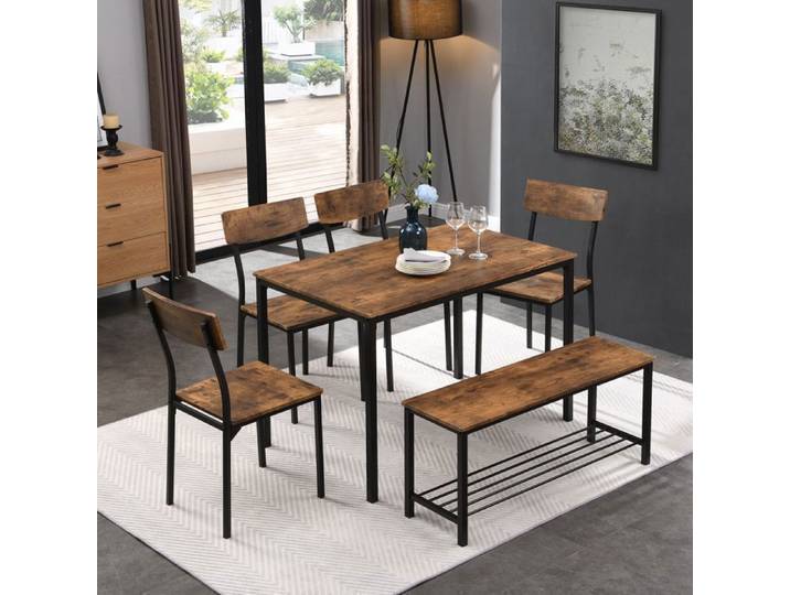 Abrihome Ensemble Table à Manger 110x70x75 cm avec 4 Chaises et 1 Banc - Cadre en Acier Noir - Pour 6 Personnes - Marron Foncé