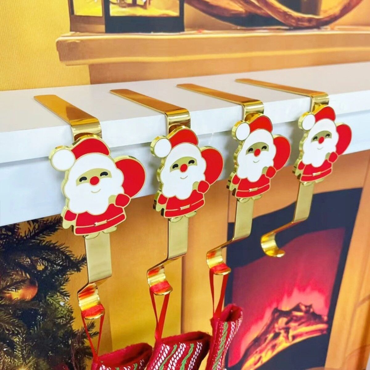 INF Weihnachtsmann-Kaminsims-Haken, 4-teilige Sockenhalter aus Legierung, L-förmiges Design ohne Bohren Gold
