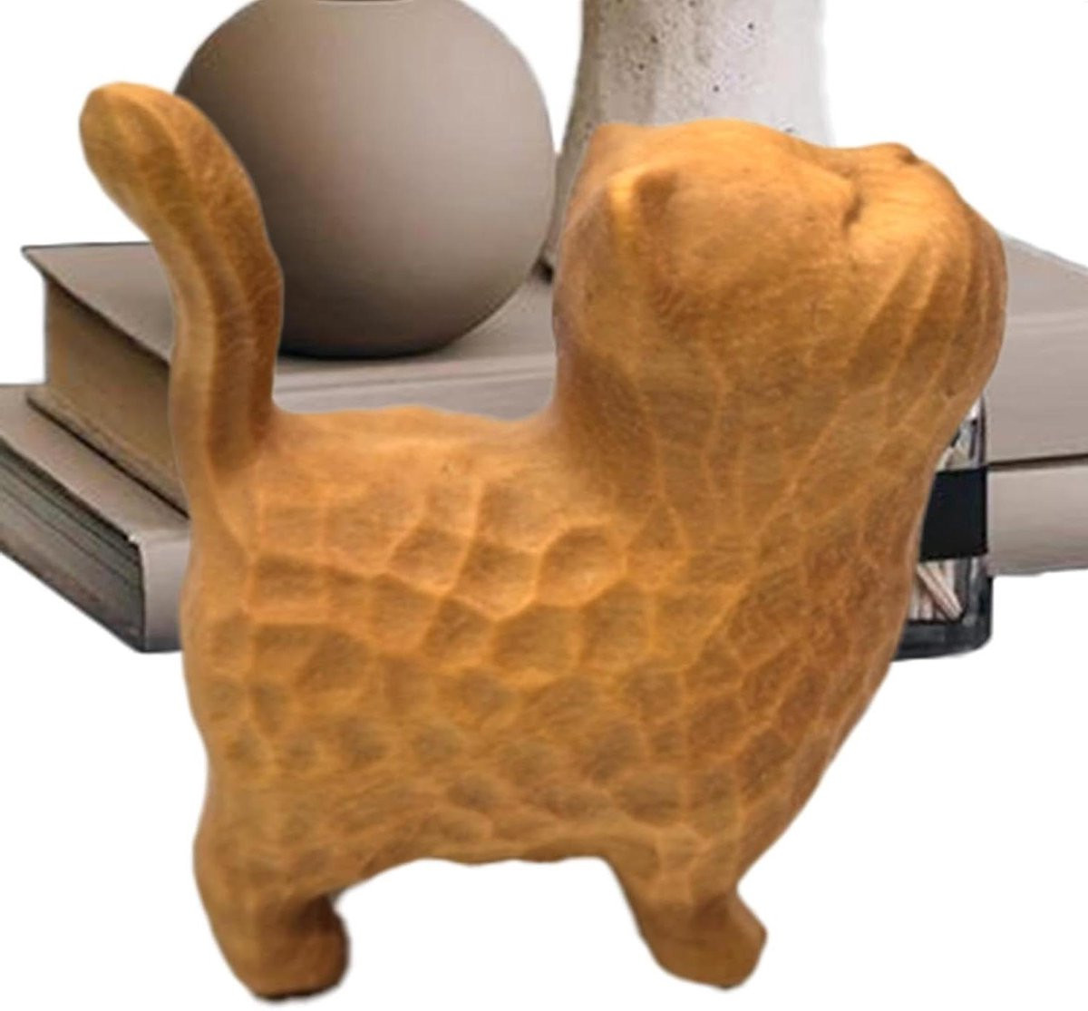 Handgesneden houten kat sculptuur voor op tafel, houtkleurig, 5 cm
