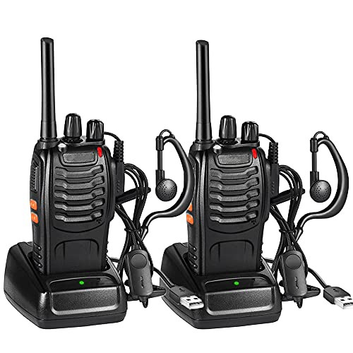 JUAUO Professionele Walkie Talkies PMR446, 16 Kanalen Oplaadbare Portofoons met Headset en USB-laadstation, 2 stuks, Zwart