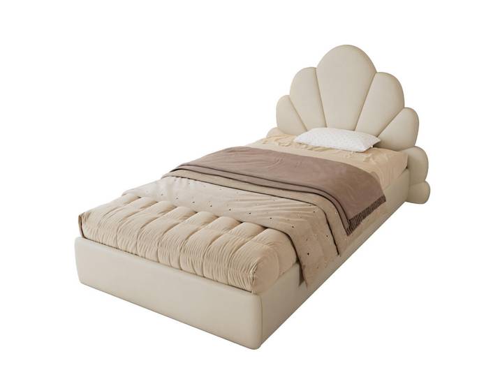Modfu Polsterbett aus Samt 90x200 cm Beige mit Blütenkopfteil, Lattenrost und rutschfestem Bodendesign, 90x200 cm, Schlafzimmer, Betten, Polsterbetten