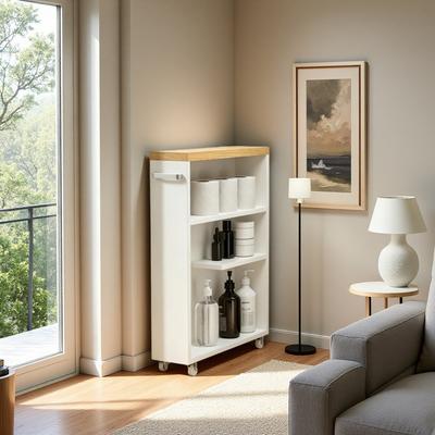 ZWYO HOSIMU "19.8"" Particle Board 3-Shelf Slim Bathroom Storage Cart with 4 Directional Wheels, Side Handles & Water-Resistant Surface"