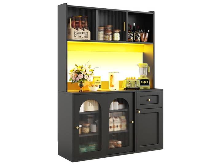 Buffet Haut avec Éclairage LED - Vitrine Étagères Ajustables Meuble de Salon MDF Noir - 120x35x167 cm