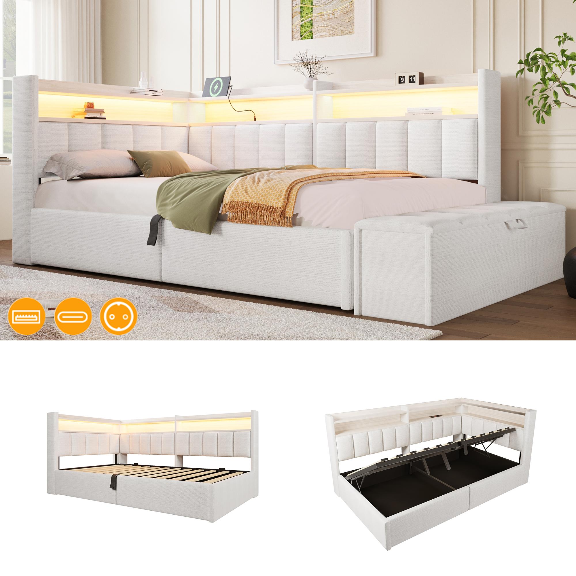 Tagesbett, 90 x 200 cm, Hydraulische Lagerung, Bettendebank, Steckdose, Seiten - Schrankelement links / rechts montierbar, Mit USB-Anschluss, Mit LED