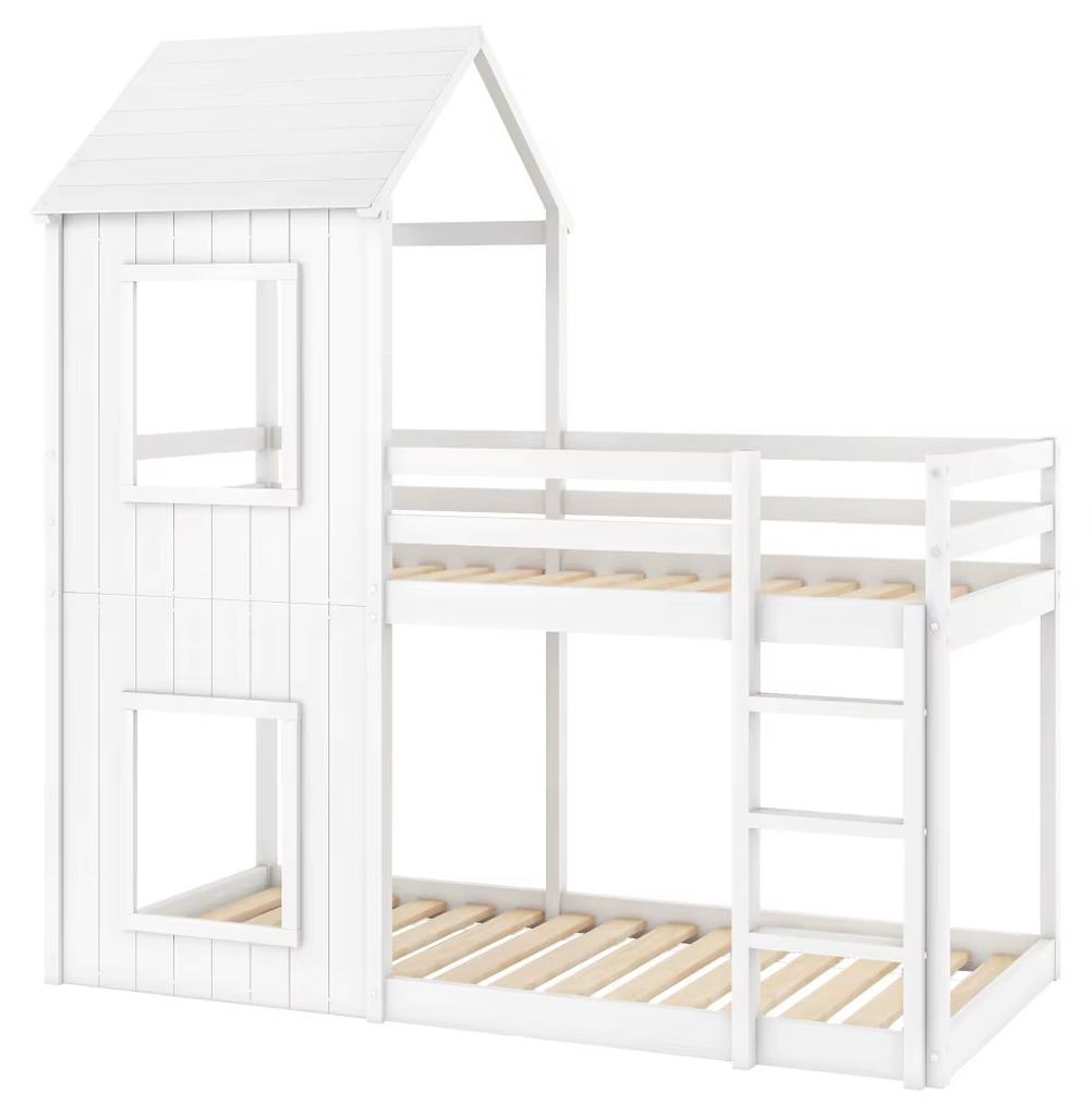 Kinderbett - Etagenbett im Hausdesign - Massives Kiefernholz - 90 x 200 cm - Leiter - Betthimmel - Weiß