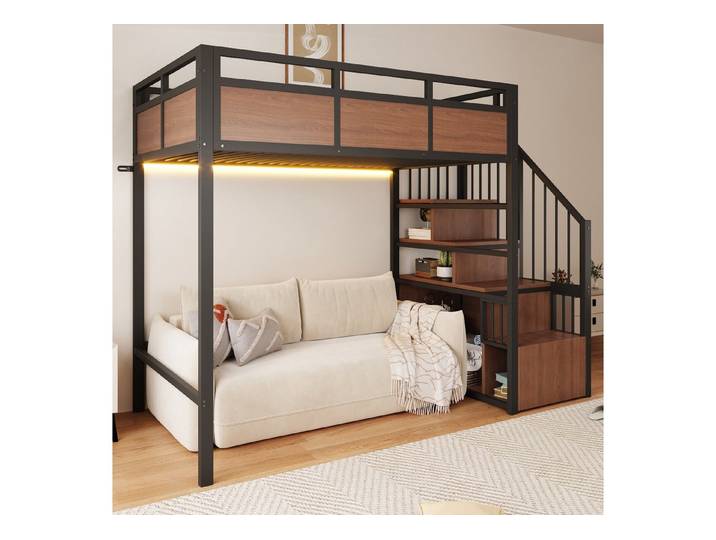 BlingBin Hochbett Metallbett Kinderbett (1-St., Metallgestell Mit Holzplatten und Erhöhtem Sicherheitsgitter) Beidseitig Montierbare Stauraumleiter,Mit LED-Beleuchtung