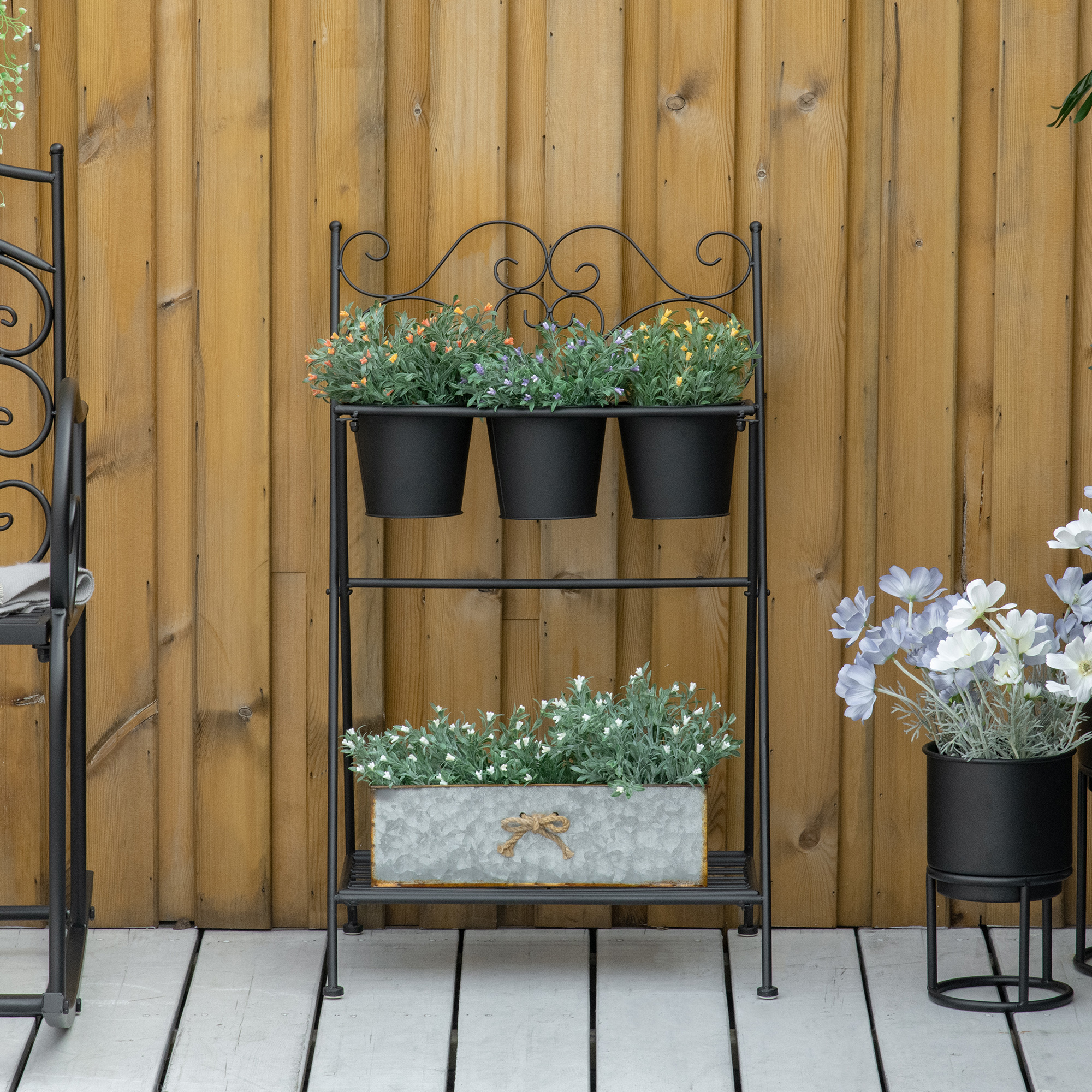 Outsunny Portapiante in Metallo Pieghevole con 3 Vasi, Scaffale per Piante con Ripiano per Casa e Giardino, 47x37x78.5cm, Nero Aosom