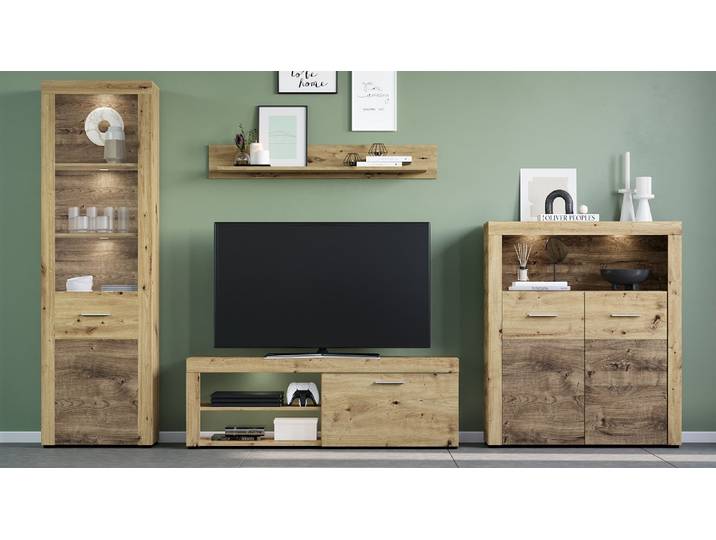 Wohnwand Fly , Artisan Eiche , 4-teilig , LED Beleuchtung 1