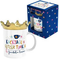 HAPPYLIFE Tasse mit Deckel »Kacktage in Glitzer tunken & funkeln lassen« - weiß|blau|gold