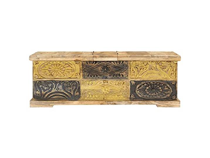 RJPLMFV Couchtisch, Mangoholz, massiv, 100 x 50 x 35 cm Mit Stauraum, 2 versenkbaren Türen, stabile Oberfläche, rustikaler Stil