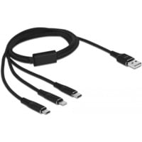 USB Ladekabel, USB-A Stecker > USB-C + Micro USB + Lightning Stecker schwarz, 1 Meter, gesleevt, nur Ladefunktion