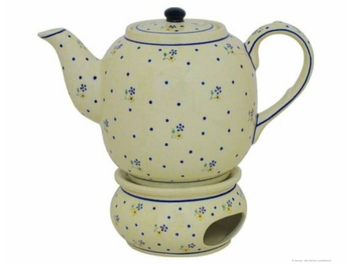 Bunzlauer Keramik Teekanne 1,5L Teekanne mit Stövchen – Zeitlos, kompakt-bauchige Form, Dekor 111, 1,50 l