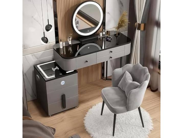 MJKCBD Grau Schminktisch mit Spiegel und Stuhl, 100cm Frisiertisch mit 5 Schubladen und 40cm Sideboard, Einfach zu Montieren, Modern Kosmetiktisch für Mädchen Schlafzimmer