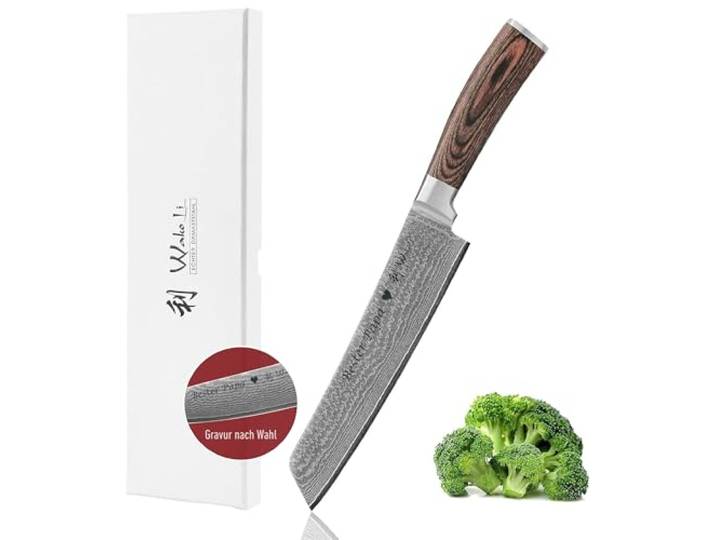 Wakoli EDIB Damast Chefmesser Tanto mit Gravur – Personalisiertes Messer, 20 cm Klinge aus 67 Lagen Damaststahl (VG10-Kern), Pakkaholzgriff – Scharfes Küchenmesser Geschenk, Geschenkverpackung