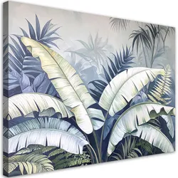LEINWANDBILD, Palm- und Bananenblätter auf grauem Hintergrund