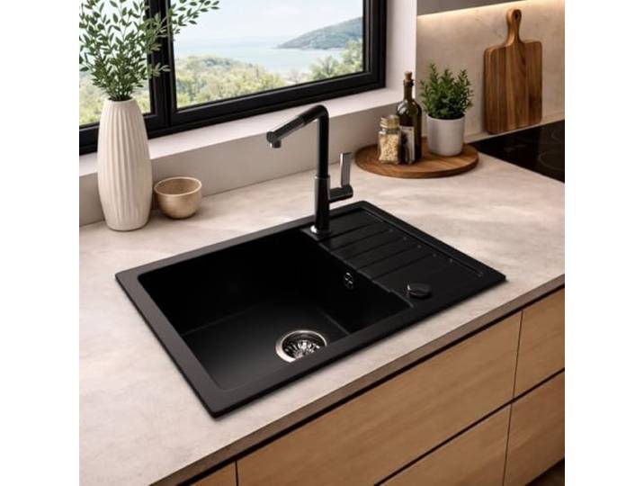 MIT ARMATUR - LINDBERGH® Granit Spüle + kompl. Siphon und Imprägnierung mit Abtropffläche, Einbauspüle, Küchenspüle Spülbecken - Verbundstoffe MADE IN GERMANY (SIM44 Schwarz + Armatur 1-Deco)