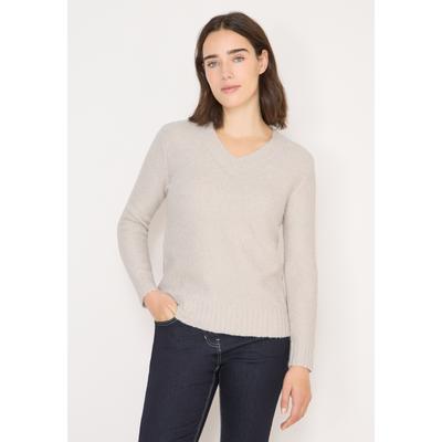 V-Ausschnitt-Pullover CECIL, Damen, Gr. L (42), beige (light greige), Stoff, 79% Polyester, 19% Baumwolle, 2% Elasthan, unifarben, normal normal, V-Ausschnitt, Rippbündchen, Pullover, mit V-Ausschnitt