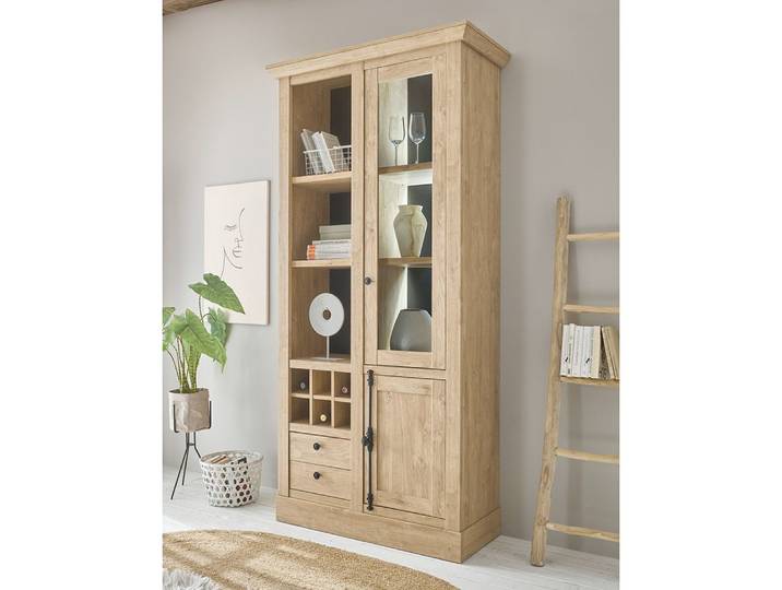 Lomadox Vitrine COLBY-61 in Eiche mit Beleuchtung, Landhausstil mit schwarzen Griffen