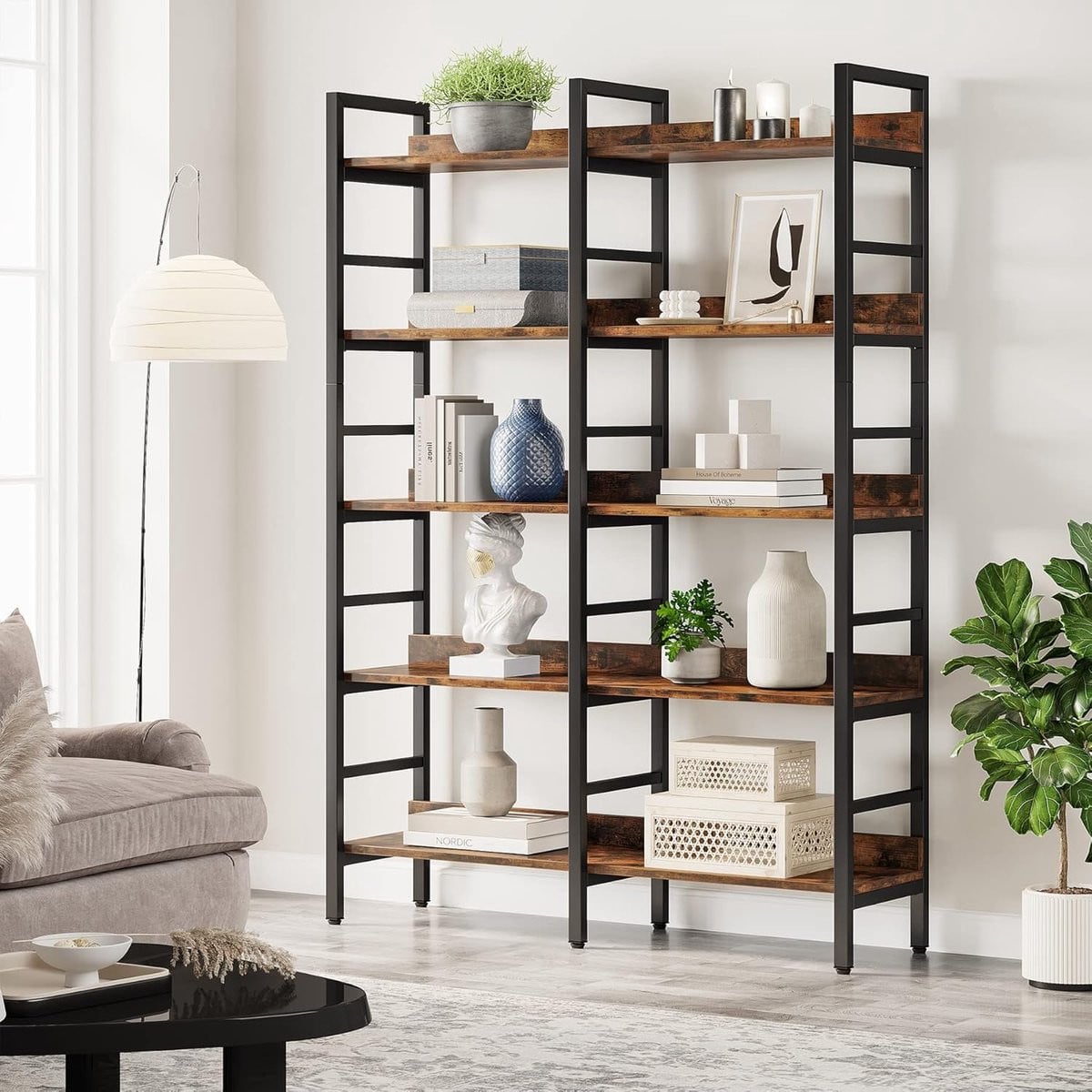 5-Laags Industriële Boekenplank - Vrijstaande Dubbele Boekenkast voor Opslag en Display