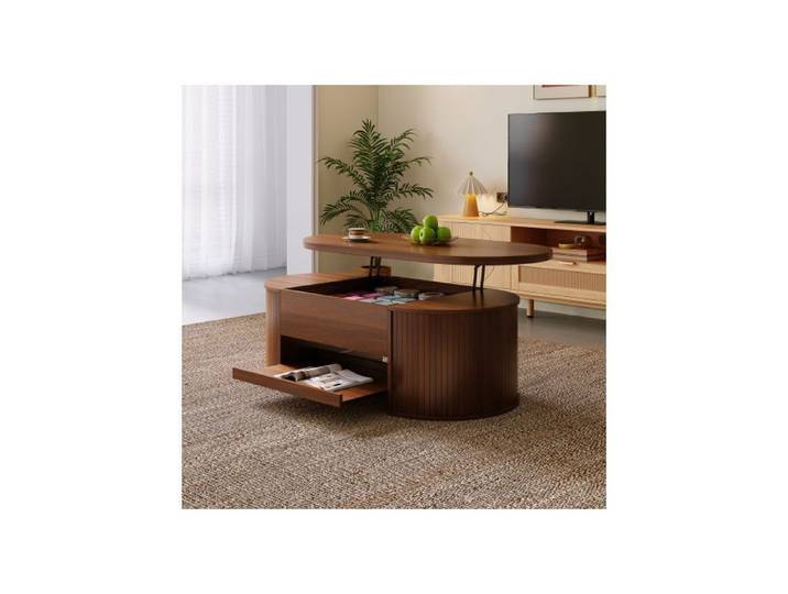 Table basse relevable avec côtés en bois incurvés étagère extensible plateau relevable meuble de salon multifonctionnel