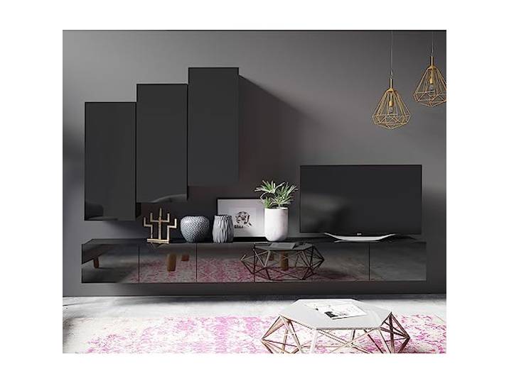 Lomadox Wohnwand Anbauwand schwarz Hochglanz 5-teilig Modern, mit 2 TV-Lowboards, 3 Hängeschränke